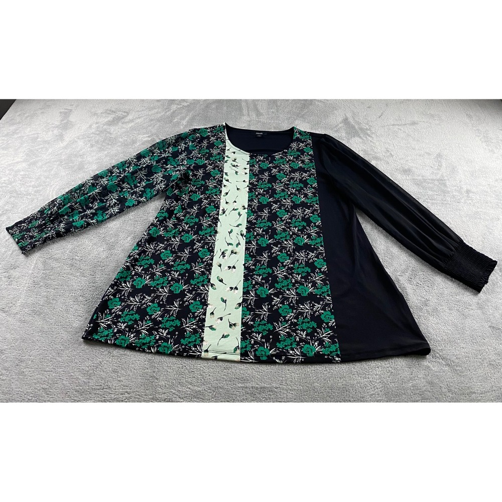 Alfani Womens Floral Colorblock‎ Blouse Green Black Sheer Smocked Sleeve Large